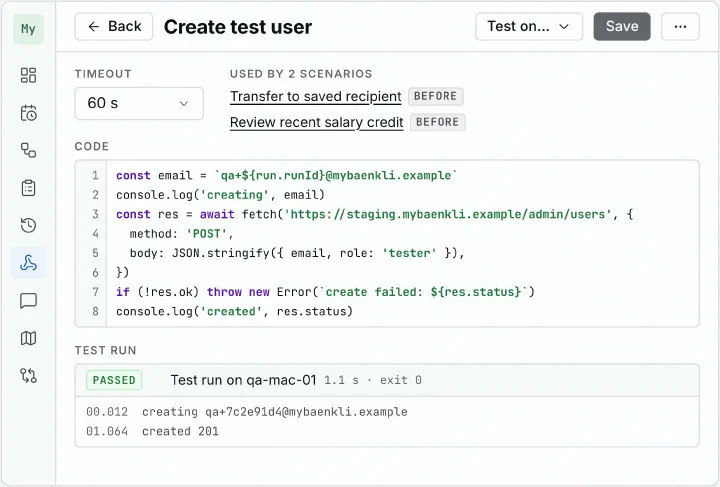 The hook editor in Tessa with a short script that creates a test user, and a passed test run below it.