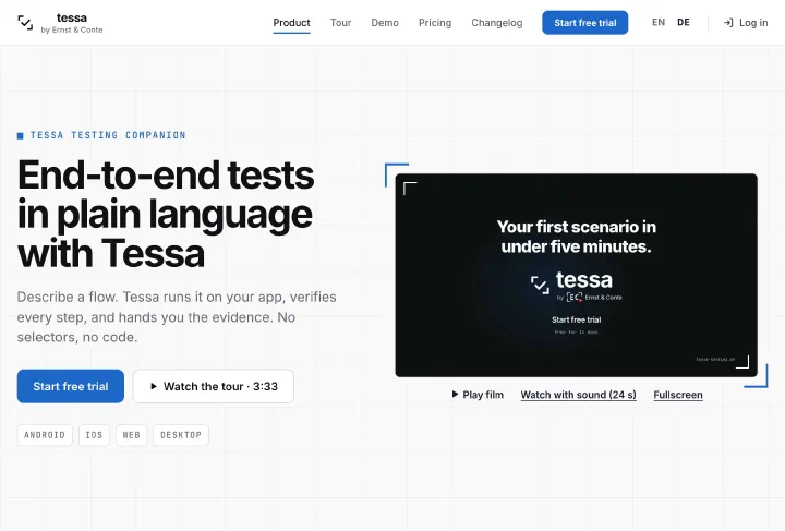 The Tessa website at tessa-testing.ch: the product page with its film, Start free trial and Log in, which leads to the app at app.tessa-testing.ch.
