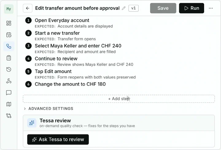 Tessa scenario editor as it looks today: a title and steps with their expected results.