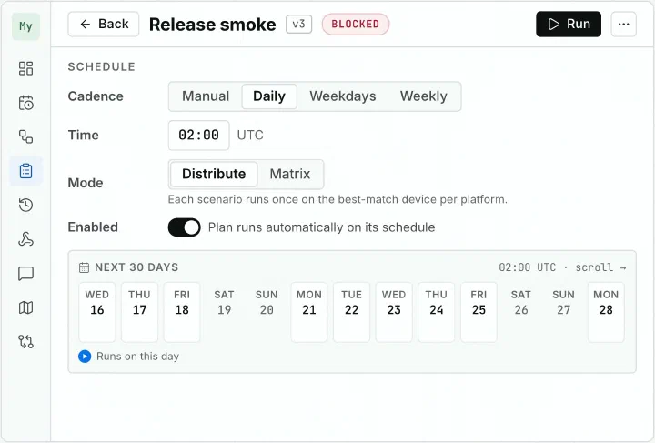 A Tessa test plan with its schedule: daily at 02:00 UTC, scenarios distributed across the devices, and the runs of the next thirty days.